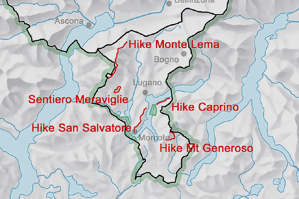 Karte Wandern & Bergtouren Region Lugano